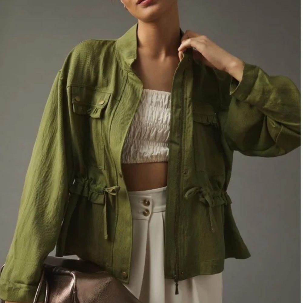 Anthropologie Oversized Green Utility Ruffle Jacket Green Sz M